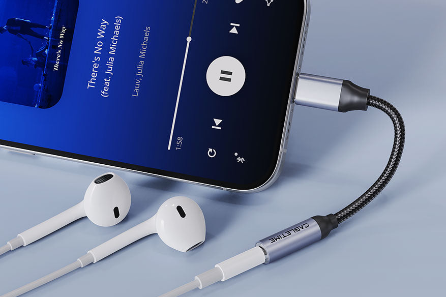 Smartphone playing music with wired earphones connected via CABLETIME USB-C to 3.5mm headphone jack adapter, showcasing compatibility and high-quality audio experience.