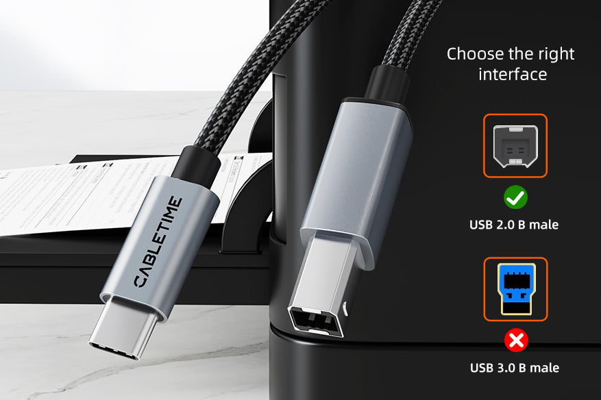 make sure usb-c to usb-b 2.0 male cable, not usb 3.0 b male