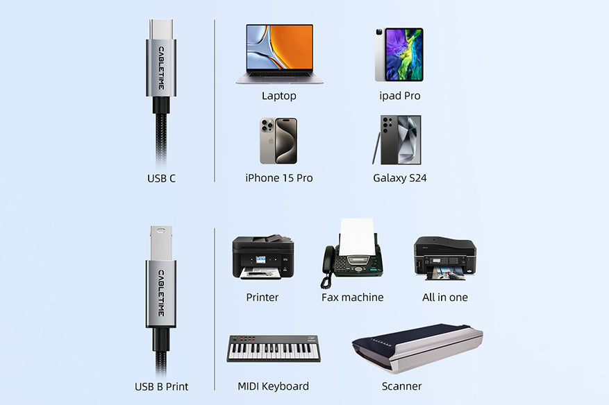 USB Type C to USB Type B cable supports Type-C and Thunderbolt 3 devices to a wide range of USB-B peripherals, such as printers, scanners, fax machines , Yamaha keyboards, BOSS guitar amps,