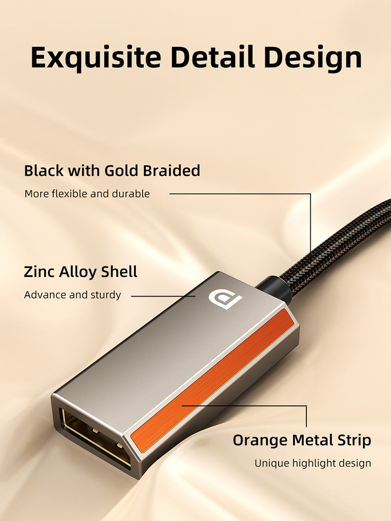zinc alloy shell usb-c to displayport 1.4 adapter with braided jacket