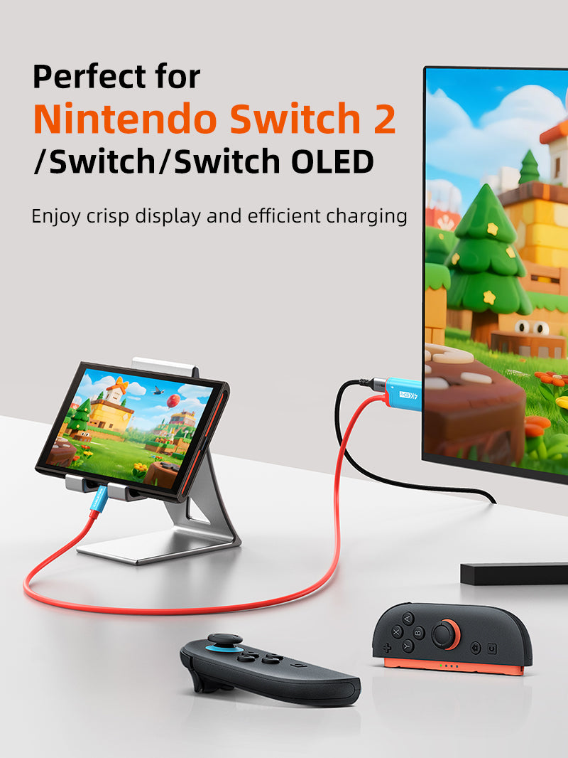 Cabletime USB-C to HDMI mini dock connecting Nintendo Switch OLED to TV with Mario Kart display and white Joy-Con controllers