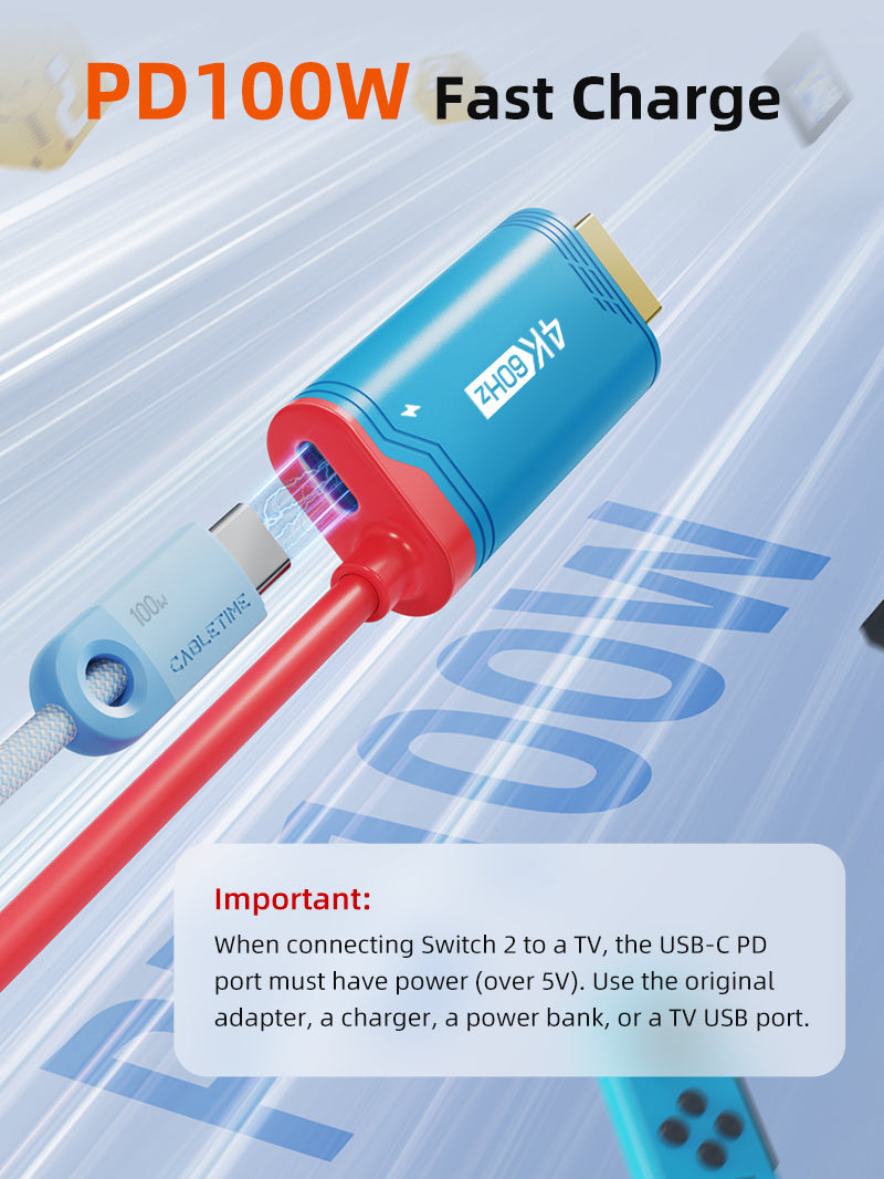 4K60Hz USB-C to HDMI Adapter Cable for Nintendo Switch 2 with PD100W fast charging; note highlights power requirement for TV connection via USB-C PD port.