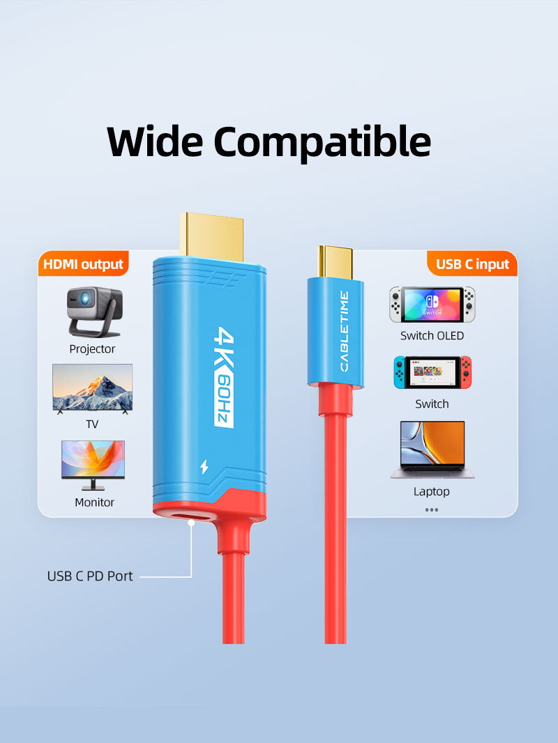 Cabletime 4K60Hz USB-C to HDMI cable compatible with Switch 2, Switch OLED, laptops, TVs, monitors, and projectors