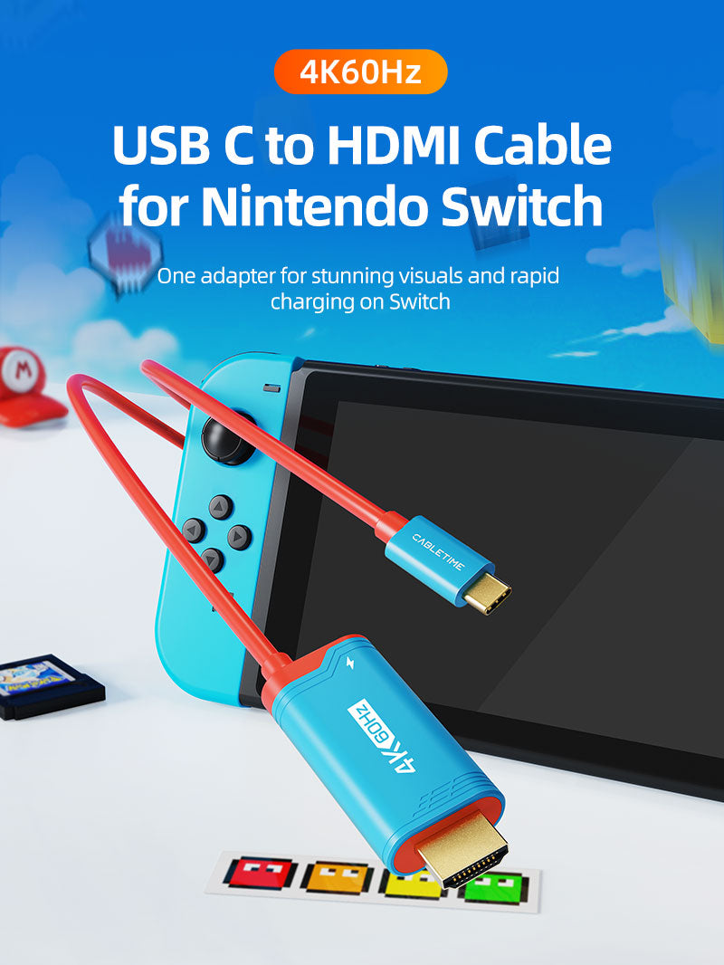 Cabletime 4K60Hz USB-C to HDMI cable for Nintendo Switch with red cable and blue adapter shown next to console