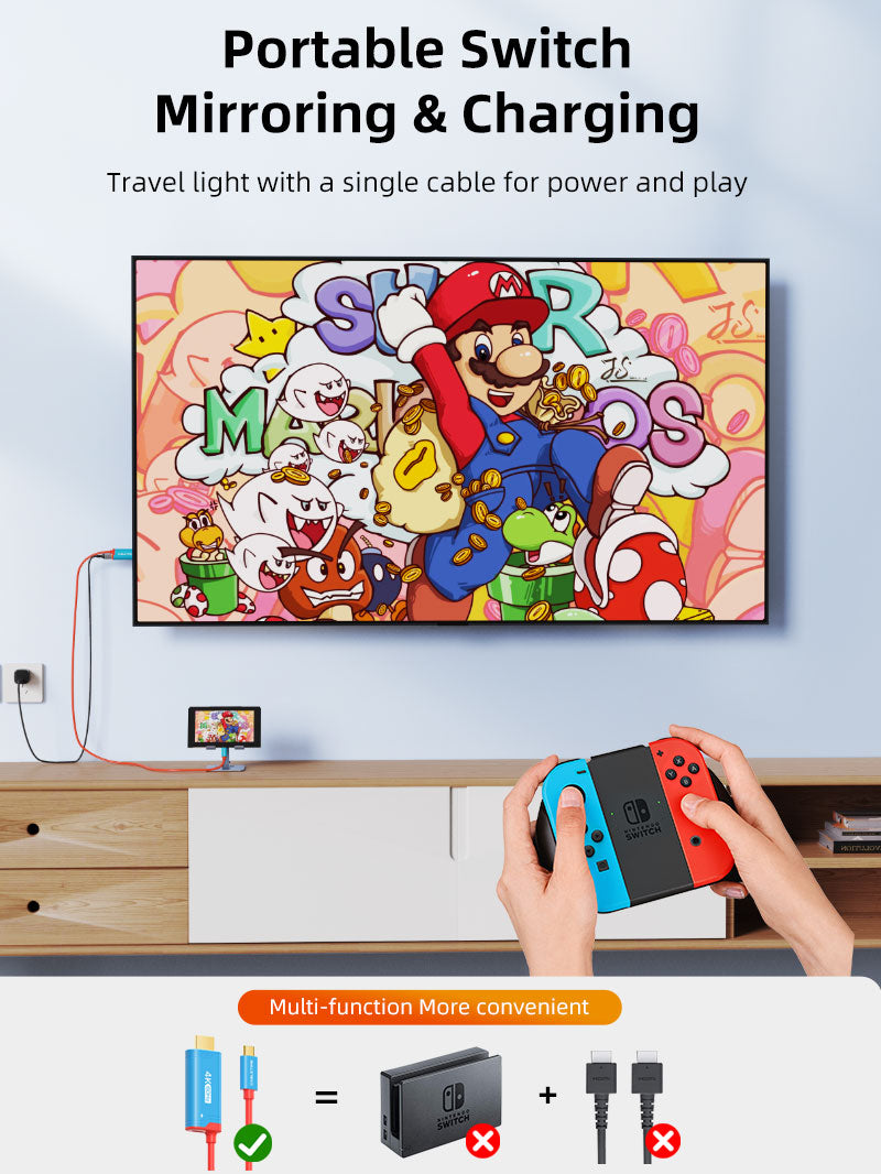 Cabletime USB-C to HDMI cable mirroring Nintendo Switch gameplay to TV while charging with one cable solution