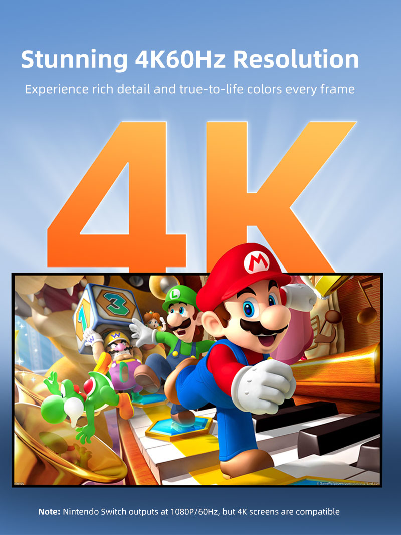 Nintendo Switch gameplay displayed in stunning 4K resolution using Cabletime USB-C to HDMI cable
