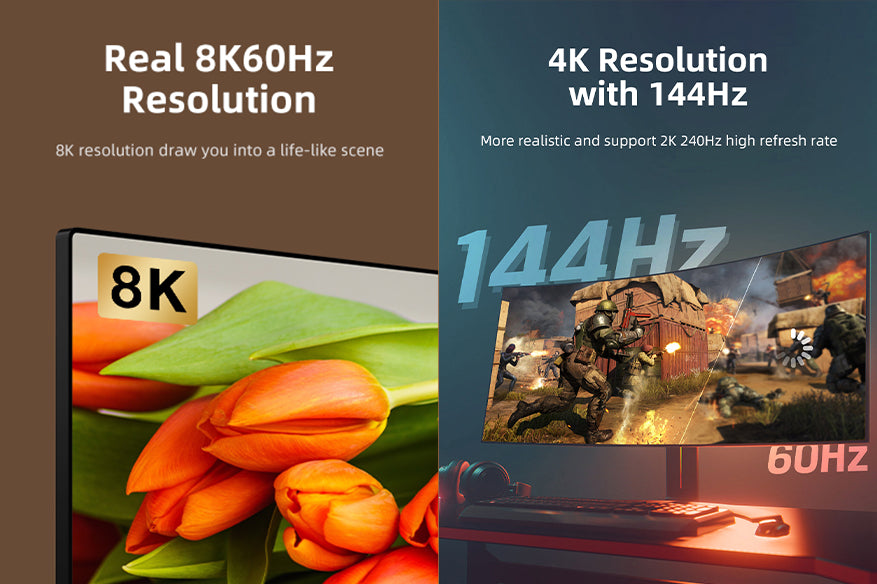 Side-by-side feature comparison: USB-C to HDMI 2.1 adapter supporting real 8K 60Hz resolution and 4K 144Hz high refresh rate gaming display