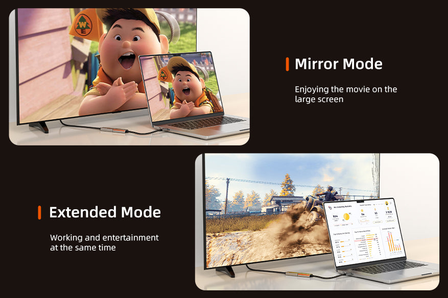 Laptop connected to monitor via USB-C to HDMI 2.1 adapter, showing mirror mode for movies and extended mode for multitasking work and gaming