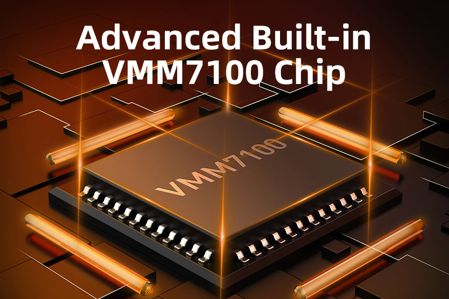 Close-up of Synaptics VMM7100 chip built into USB-C to HDMI 2.1 adapter for stable 8K video signal conversion