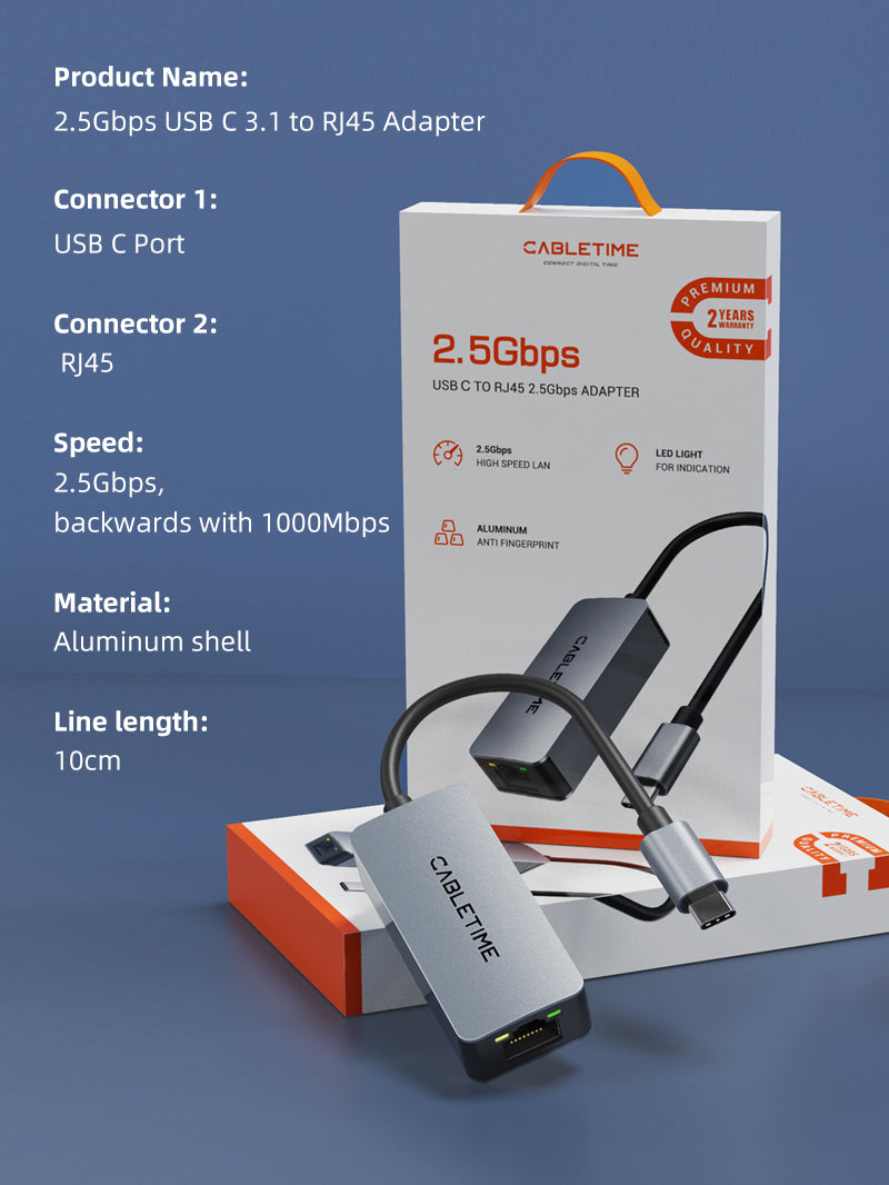 USB 3.1 Type C to 2.5G Rj45 Ethernet Lan Adapter for MacBook Pro/Air, iPad Pro,Dell XPS, Surface Laptop, Mac
