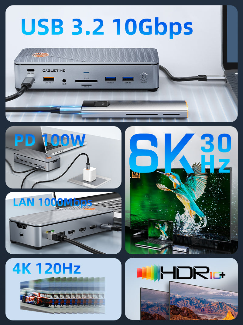 15 In 1 Desktop Universal Type-c Docking Station with 3 Monitor 2 HDMI Ports DisplayPort 8K USB 3.0 Ethernet