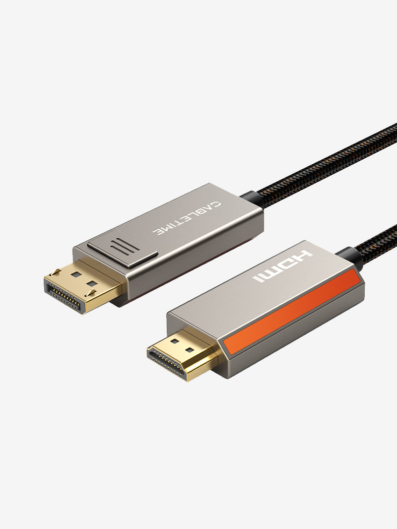 DisplayPort 1.4 to HDMI 2.1 uni-directional cable with gold-plated connectors, zinc alloy shell, and braided black cable, featuring labeled DP and HDMI ends