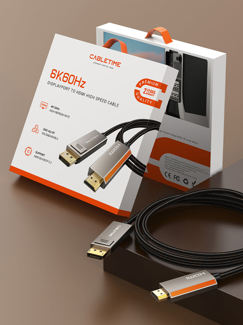 Packaging and product display of Cabletime DisplayPort 1.4 to HDMI 2.1 cable, supporting 8K 60Hz and 4K 120Hz, featuring zinc alloy housing, braided design, and premium 2-year warranty.