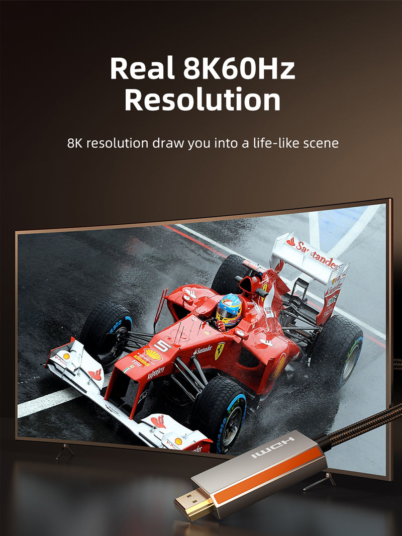 DisplayPort 1.4 to HDMI 2.1 cable connected to a TV displaying a high-speed Formula 1 race in 8K at 60Hz, emphasizing ultra-high-definition and life-like video quality