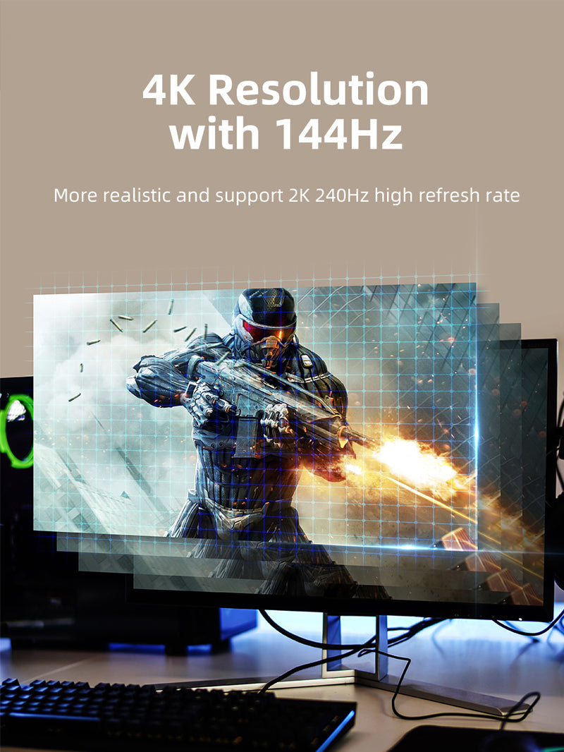8K 60Hz Displayport 1.4 to HDMI 2.1 Cable 4K 120Hz, Gaming monitor displaying a first-person shooter in 4K resolution at 144Hz, with overlay showing smooth, high-refresh gameplay; supports 2K 240Hz refresh rate.
