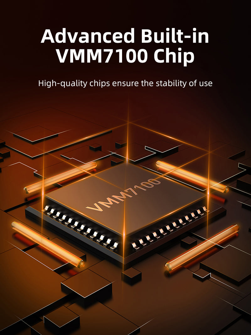Close-up of advanced built-in VMM7100 chip used in a DisplayPort 1.4 to HDMI 2.1 cable, ensuring stable performance and high-quality video output.