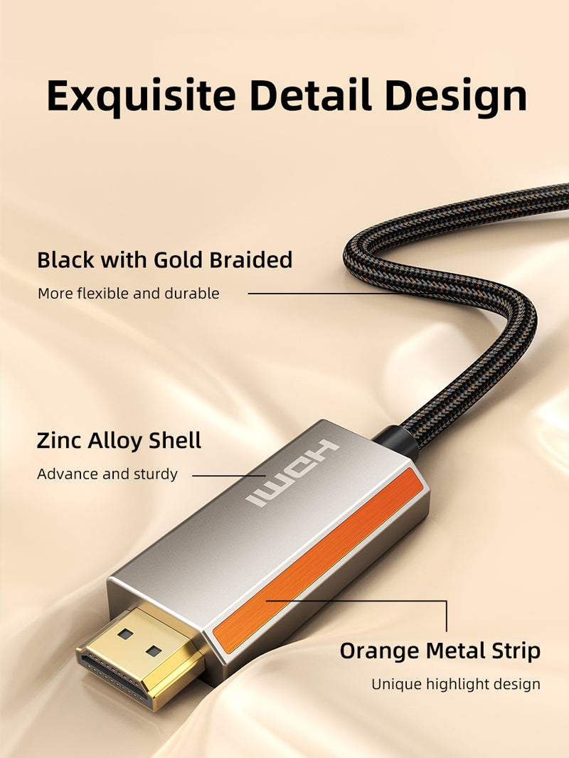 Close-up of HDMI connector from a DisplayPort 1.4 to HDMI 2.1 cable, featuring black with gold braided design, zinc alloy shell, and orange metal strip for durability and style