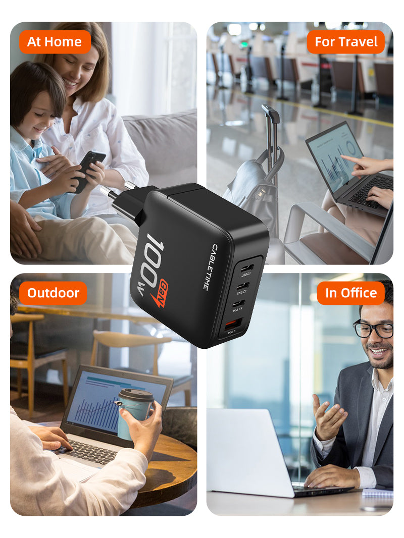 100W 4 Port USB GaN Wall Charger European for home travel office use, easy to carry