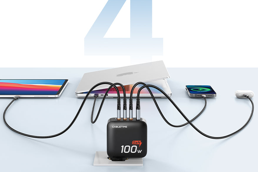 European four port usb charger charging for up to four devices via three USB-C ports and one USB-A port.
