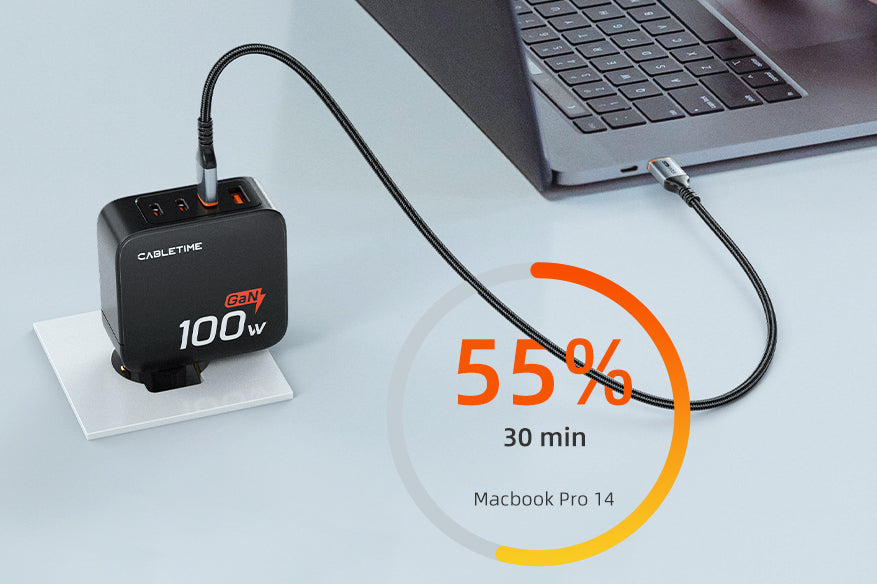 Max 100W power delivery CABLETIME usb c charger charge macbook pro 14 55% in 30 min