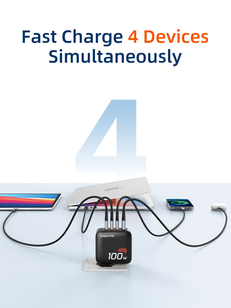 100W 4 Port USB GaN Wall Charger European Fast Charge 4 Devices Simultaneously for Laptop Apple MacBook Dell