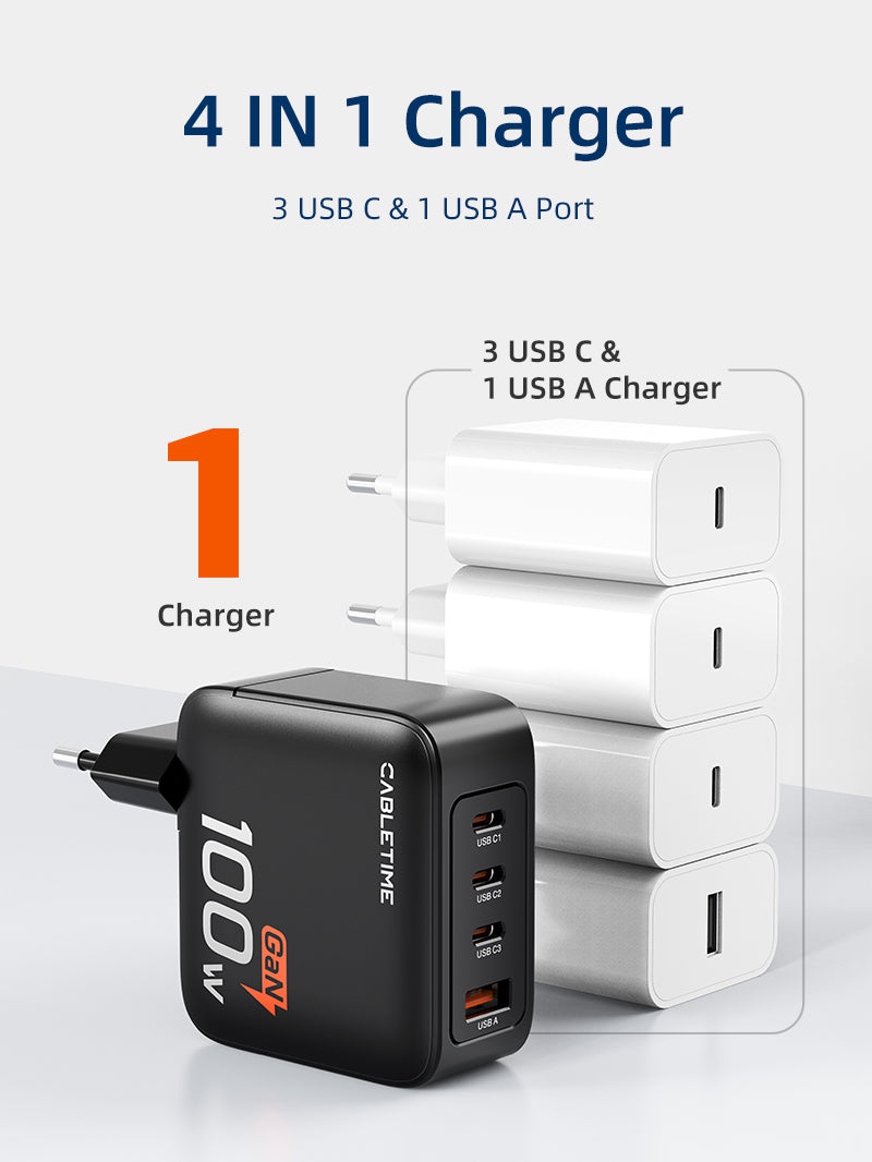4 port usb wall charger with 3 USB C & 1 USB A Port