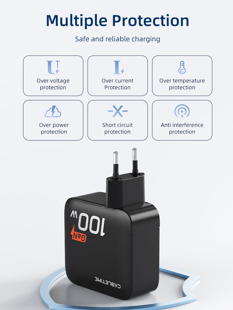 CABLETIME 100W 4 Port USB GaN Wall Charger European let you Safe and reliable charging
