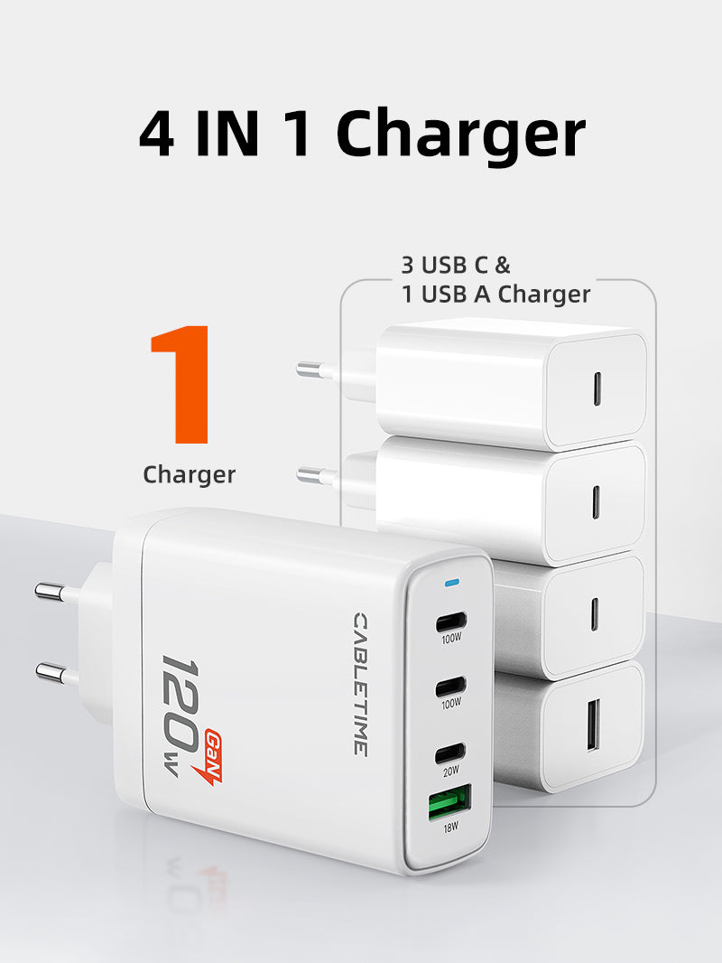 120W 4 Port USB GaN Wall Charger European for Phone Laptop Apple MacBook Dell