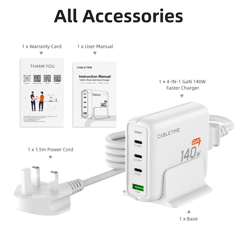 मैकबुक एयर/प्रो iPhone 17/16 प्रो के लिए 140W GaN USB C चार्जिंग स्टेशन 4 इन 1 डेस्क चार्जर ब्लॉक