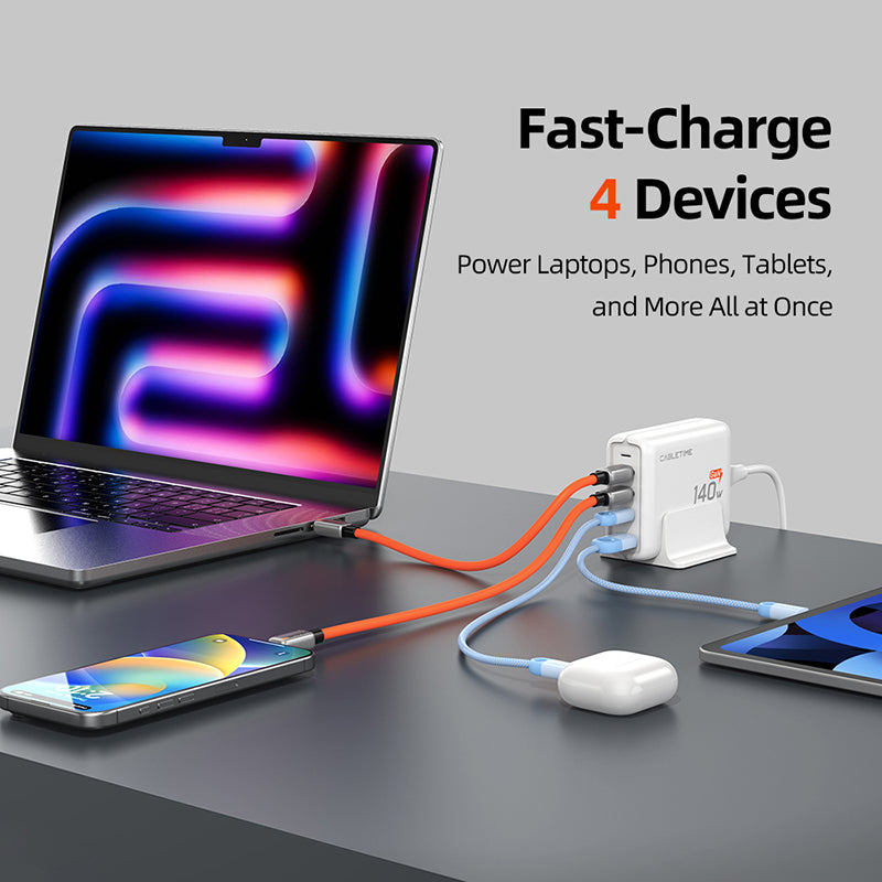 मैकबुक एयर/प्रो iPhone 17/16 प्रो के लिए 140W GaN USB C चार्जिंग स्टेशन 4 इन 1 डेस्क चार्जर ब्लॉक
