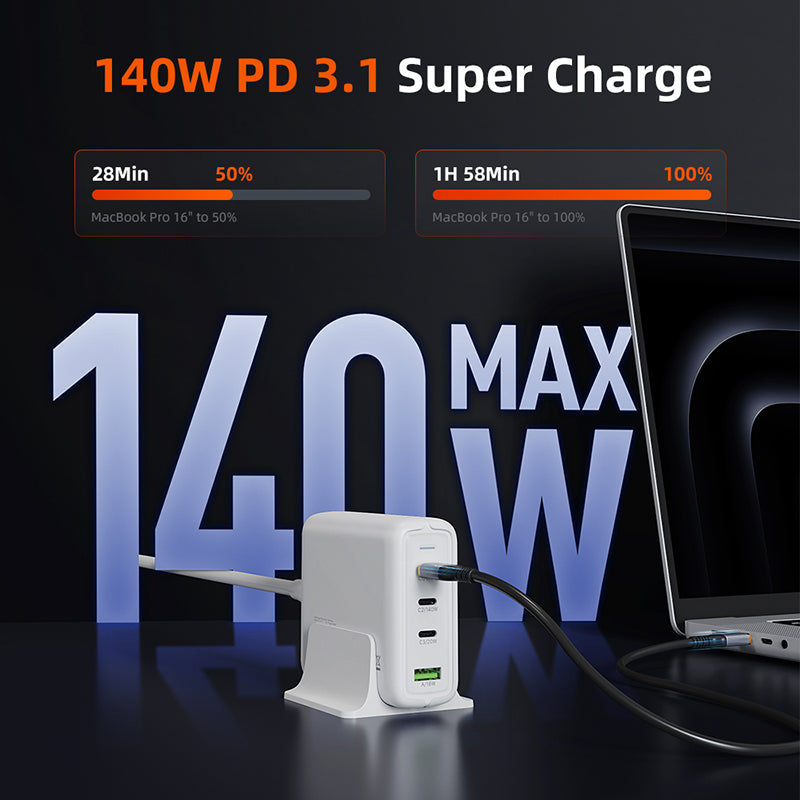मैकबुक एयर/प्रो iPhone 17/16 प्रो के लिए 140W GaN USB C चार्जिंग स्टेशन 4 इन 1 डेस्क चार्जर ब्लॉक