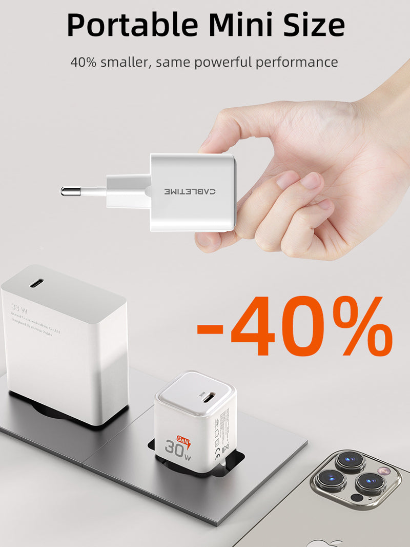 Cargador de pared PD 3.0 de 30W USB-C GaN para iPhone