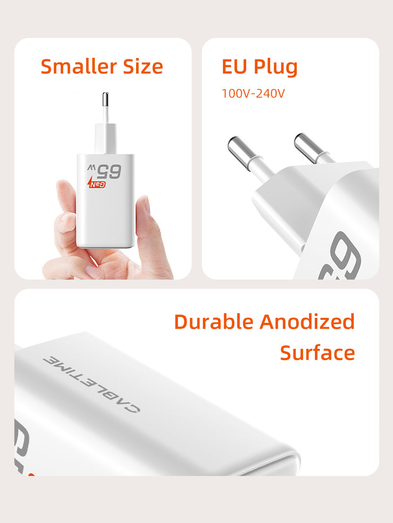 Portable 65w GaN USB-C Charger -3 Ports Wall Charger for Laptop Phone