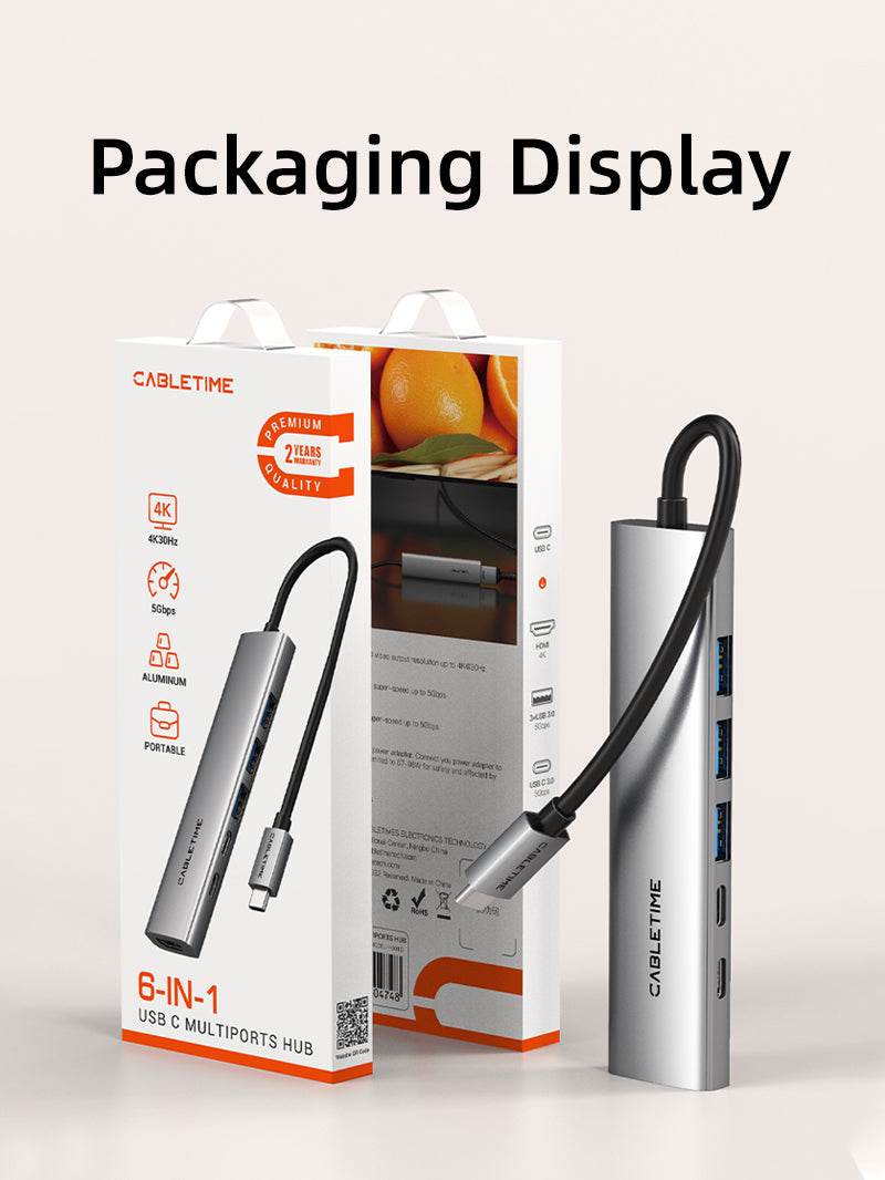 6 i 1 USB C Hub med HDMI og 100W strømforsyning til MacBook Pro Air