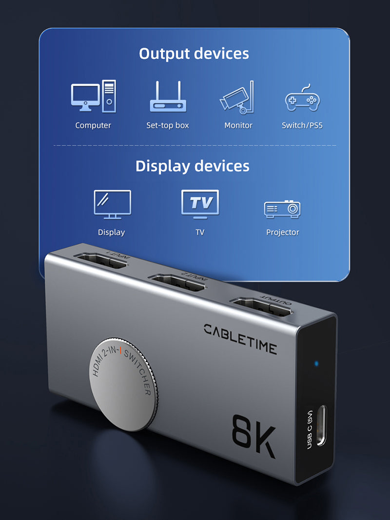 8K HDMI 2.1 Switcher 4K 120Hz 2 In 1 Out