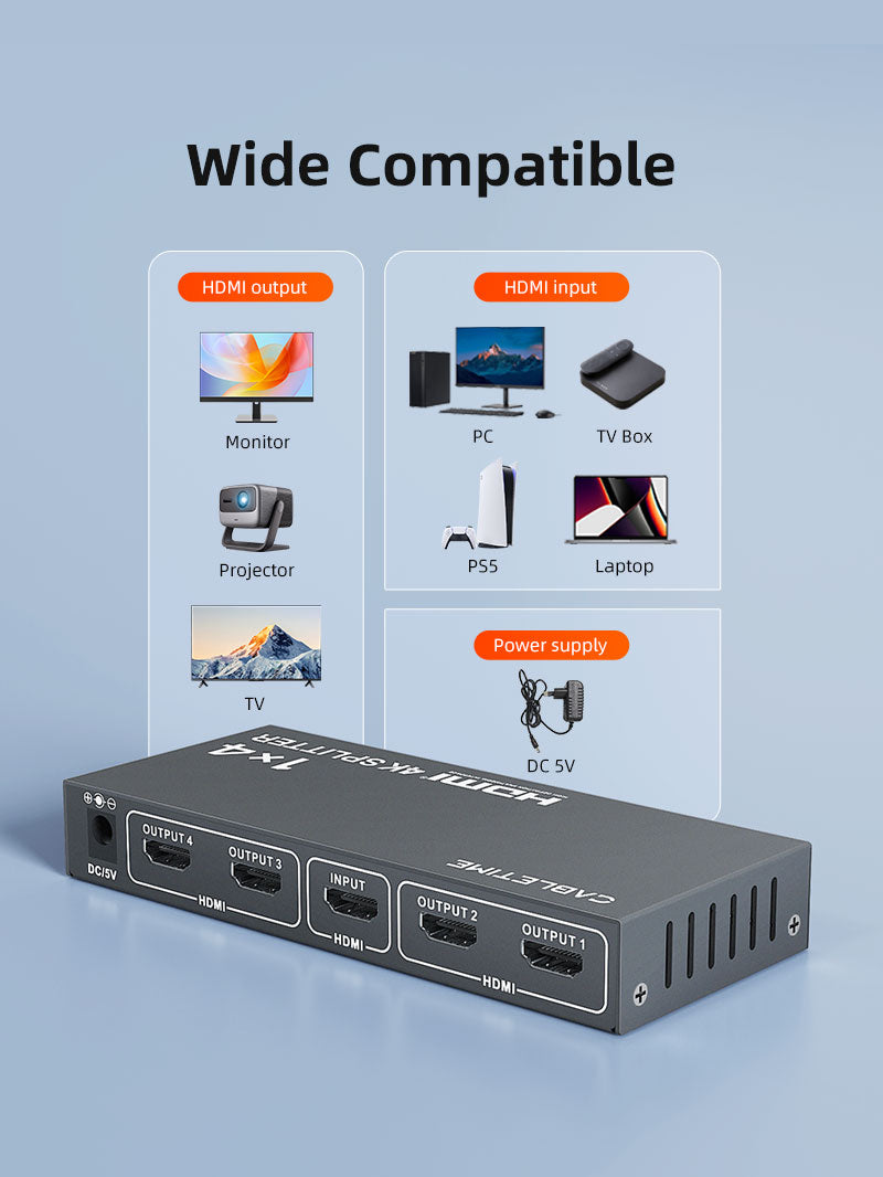 4K 1x4 HDMI Splitter for Multiple Monitors TV