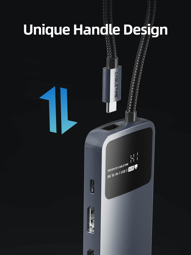 10 IN 1 8K USB C Hub for Dual 4K 60Hz Monitor with unique handle design for easy to storage