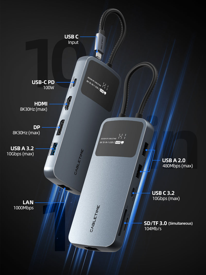 10 port USB C Hub include hdmi dp usb c pd 100w lan usb a sd/tf 3.0