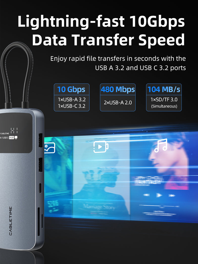 10 IN 1 8K USB C Hub let you enjoy up to 10gbps data transfer speed with usb a 3.2 and usb c 3.0 ports
