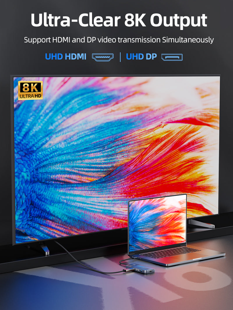 10 IN 1 ultra clear 8K USB C Hub support hdmi and dp video transmission at the same time