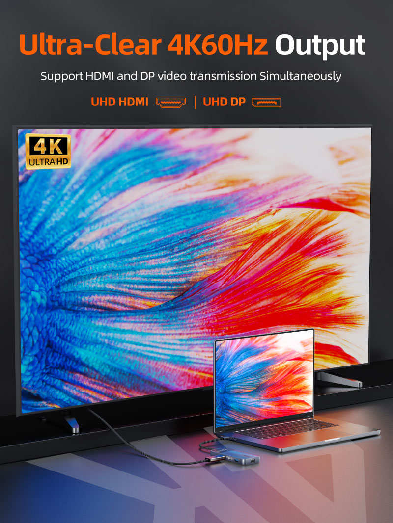4K 60Hz USB C Multiport Hub med HDMI og DisplayPort