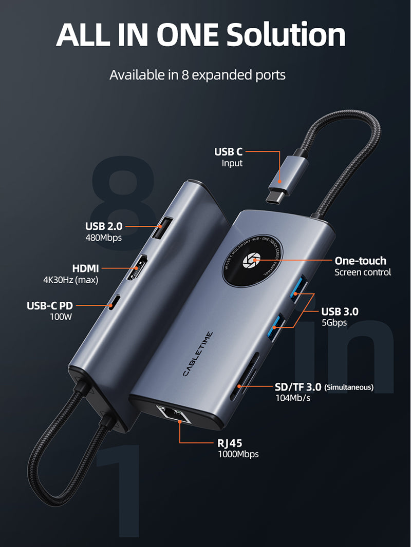 8 port usb c hub include 4k hdmi,usb c pd 100w, 1000Mbps Rj45, usb2.0/30, SD/TF 3.0 port