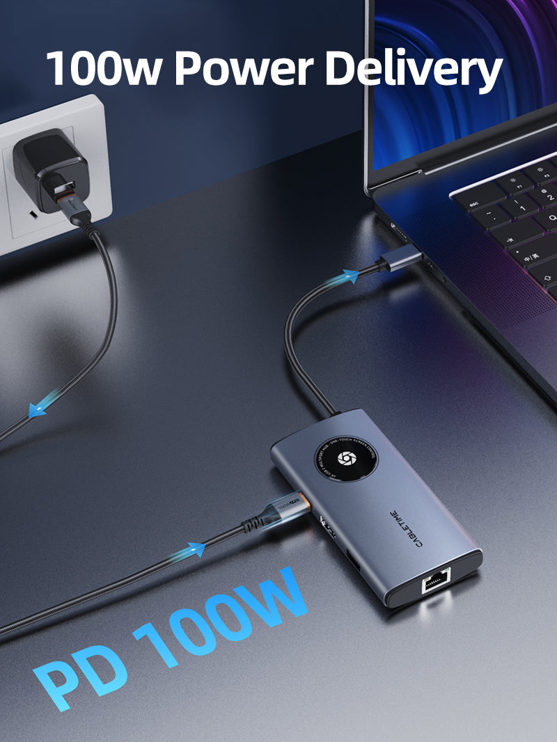 8-in-1 USB-C Adapter Hub with USB C pd 100w port for fast charging your laptop