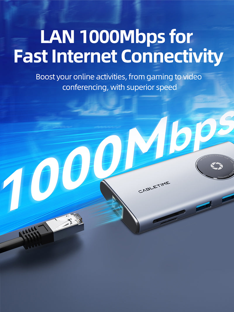 8-in-1 USB-C Adapter Hub with 1000Mbps lan Ethernet Port for Macbook Pro
