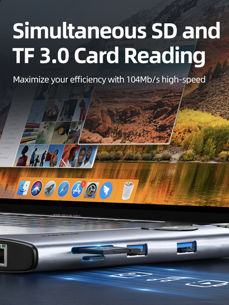 8-in-1 usb c hub adapter with SD and TF3.0 Card reading for 104Mb/s