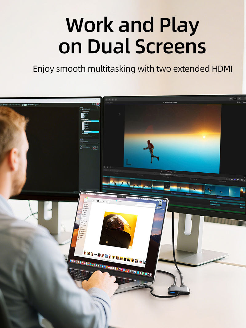 Hub USB-C double écran pour MacBook & Windows 4 en 1 avec 2 ports HDMI, PD 100 W & USB 3.0