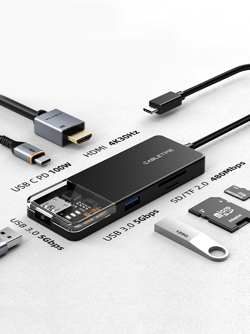 6 In 1 USB Type C Multiport Hub with 4K HDMI 100W Power Delivery