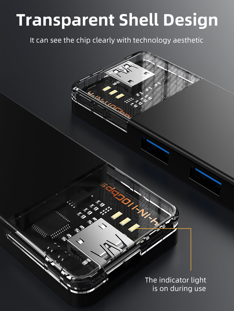USB A 3.2 hub bulit with aesthetic transparent shell