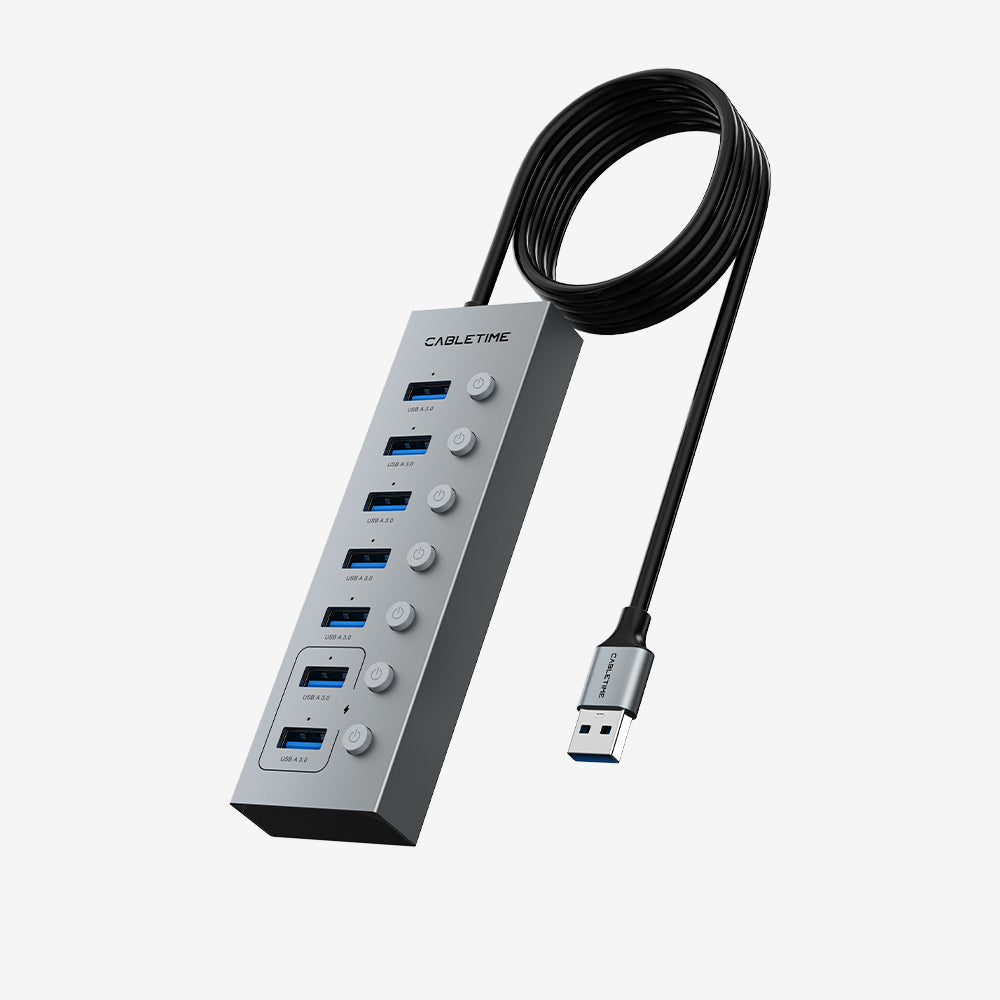 7 Port Powered USB 3.0 Hub Splitter With Long Cable for Laptop PC