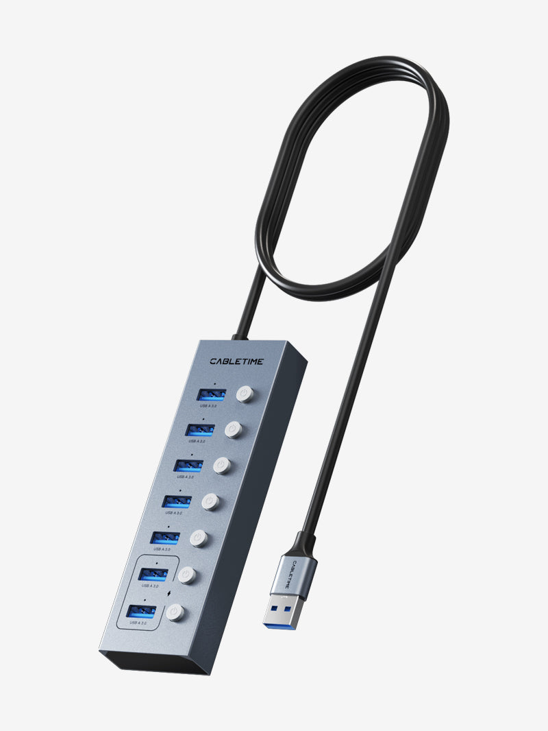 7 Port Powered USB 3.0 Hub Splitter With Long Cable for Laptop PC